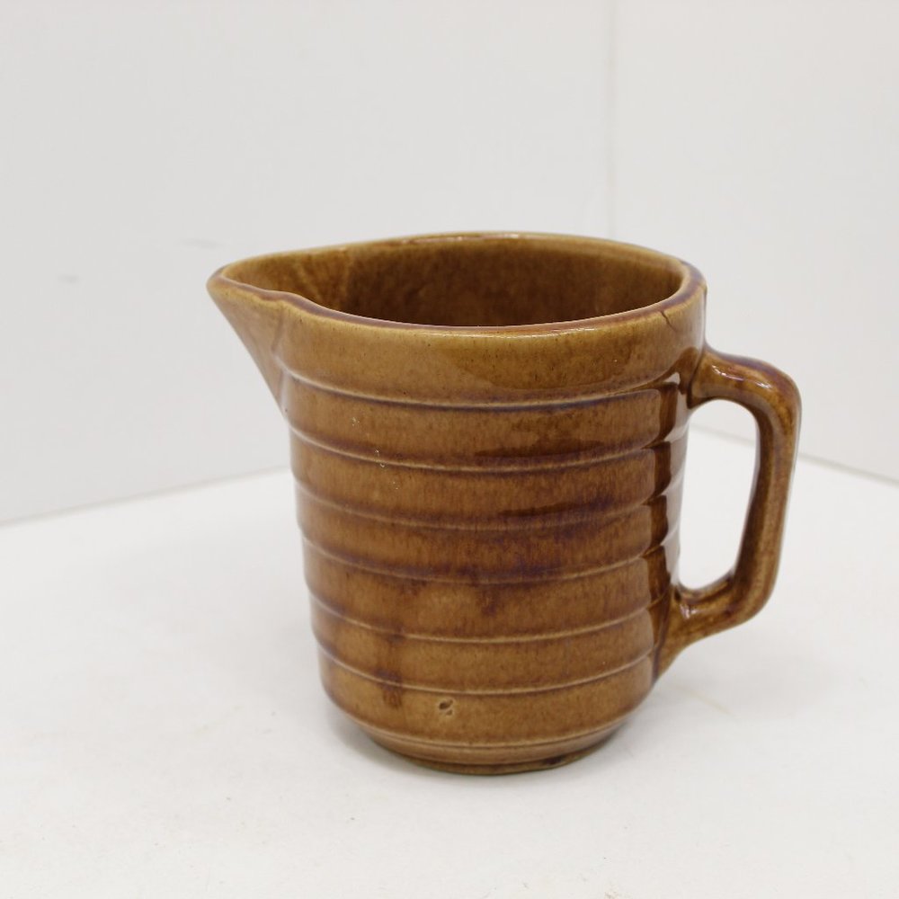 Vintage Brown Ring Glazed Pottery Pitcher